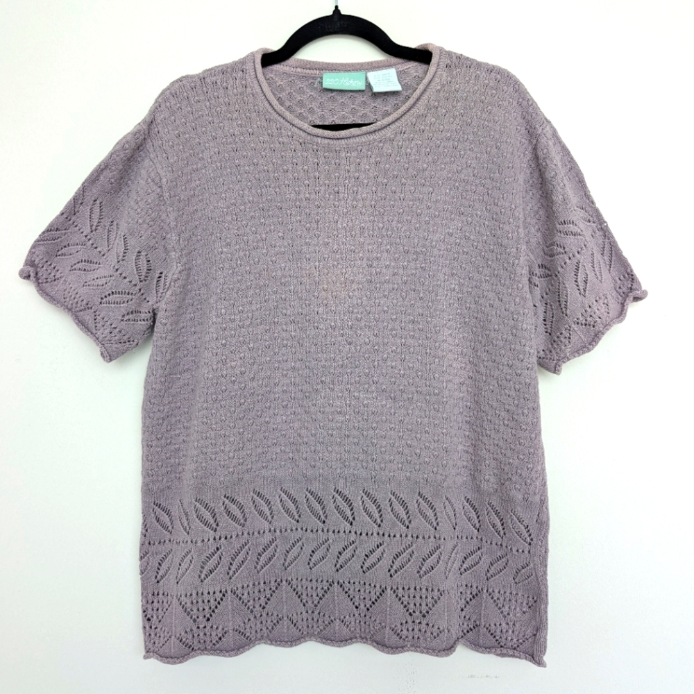 Vintage Lavender Ramie Cotton Blend Pointelle Knit Short Sleeve Blouse Sz XL